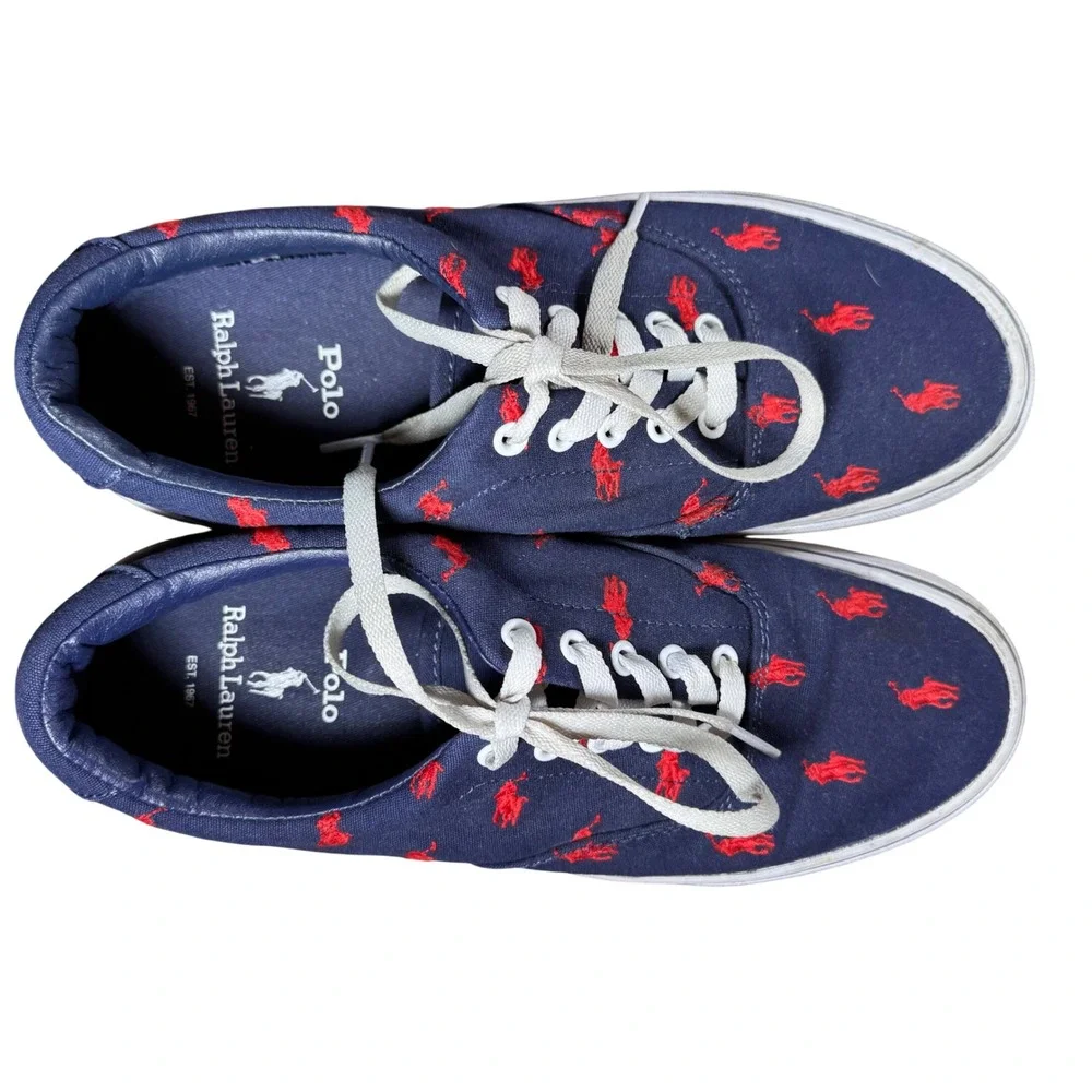 Polo Ralph Lauren Mens Navy Blue Red Pony All Over Print Canvas Sneakers Shoes